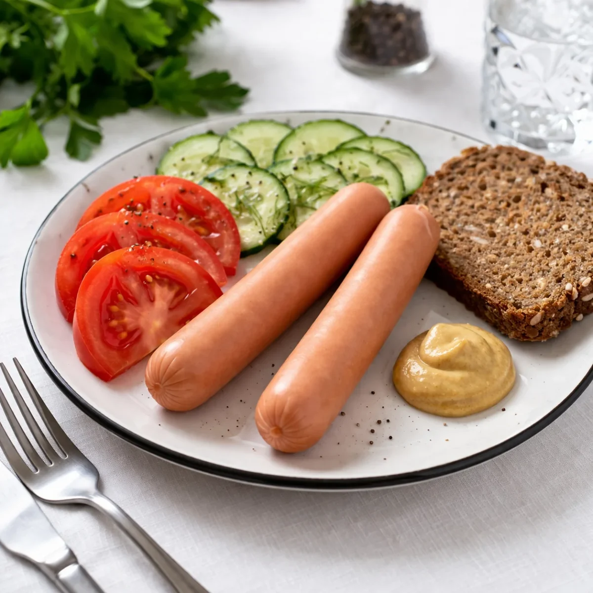 Parówki na talerzu z pomidorem, ogórkiem, musztardą i pieczywem razowym na białym obrusie