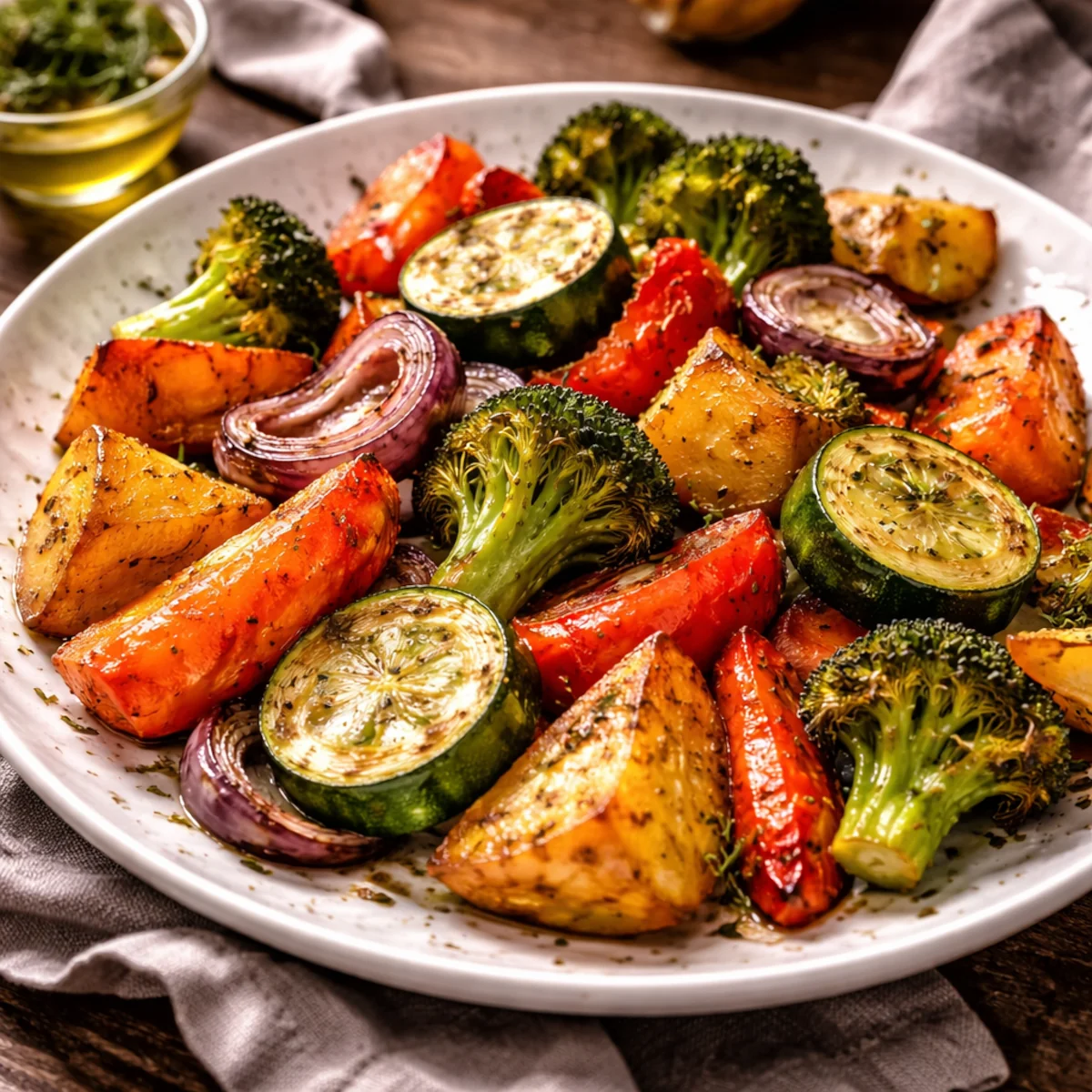 Pieczone warzywa podane na białym talerzu z widocznym zrumienieniem i chrupiącą powierzchnią