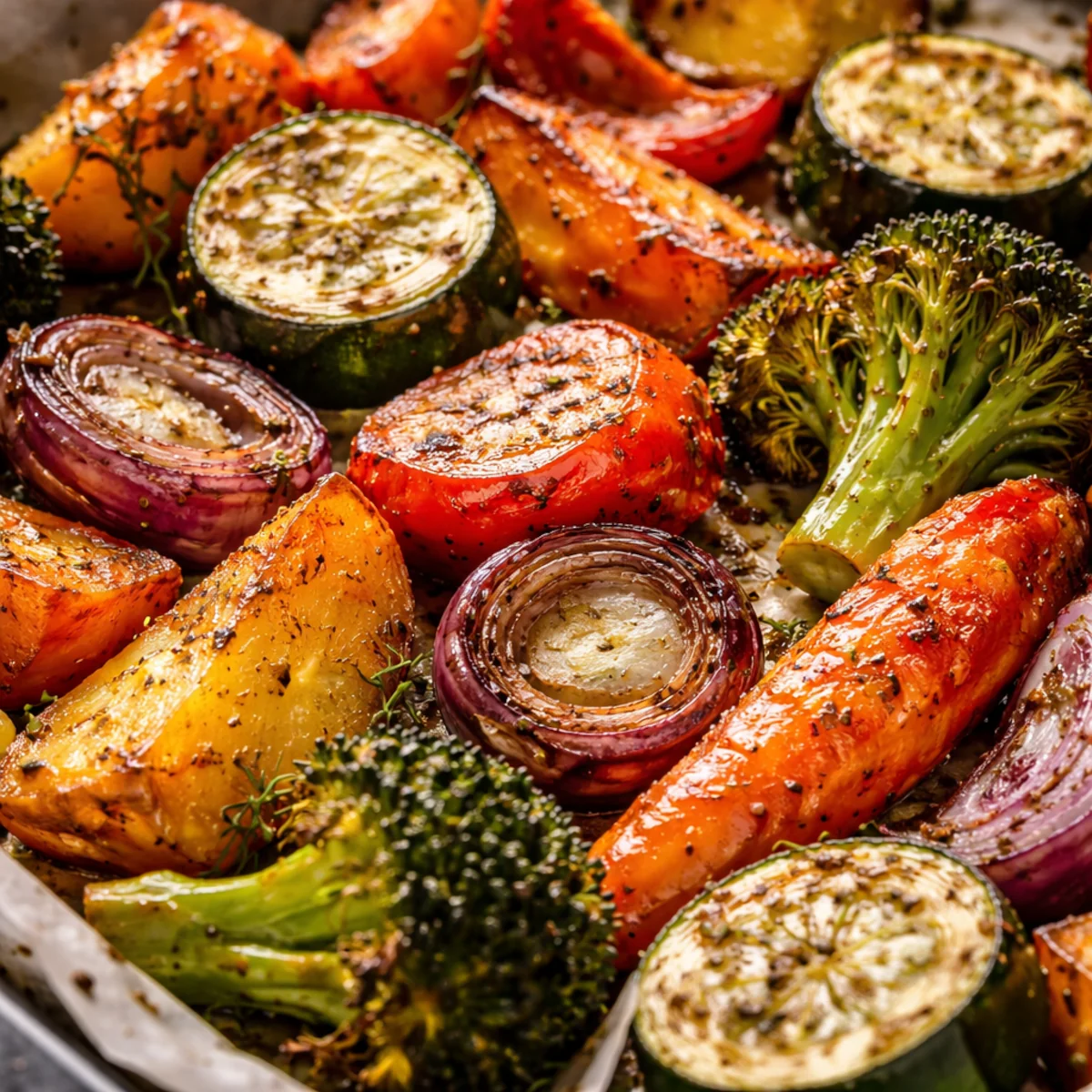 Duże zbliżenie na pieczone warzywa z widoczną skórką, przypieczeniem i chrupiącą fakturą