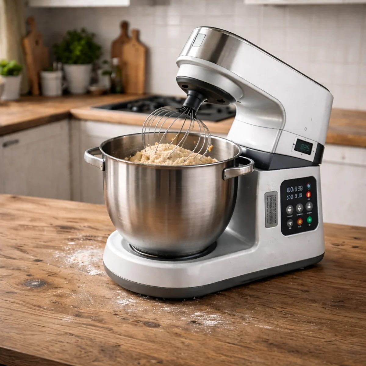 Robot kuchenny wyrabiający ciasto na drewnianym blacie