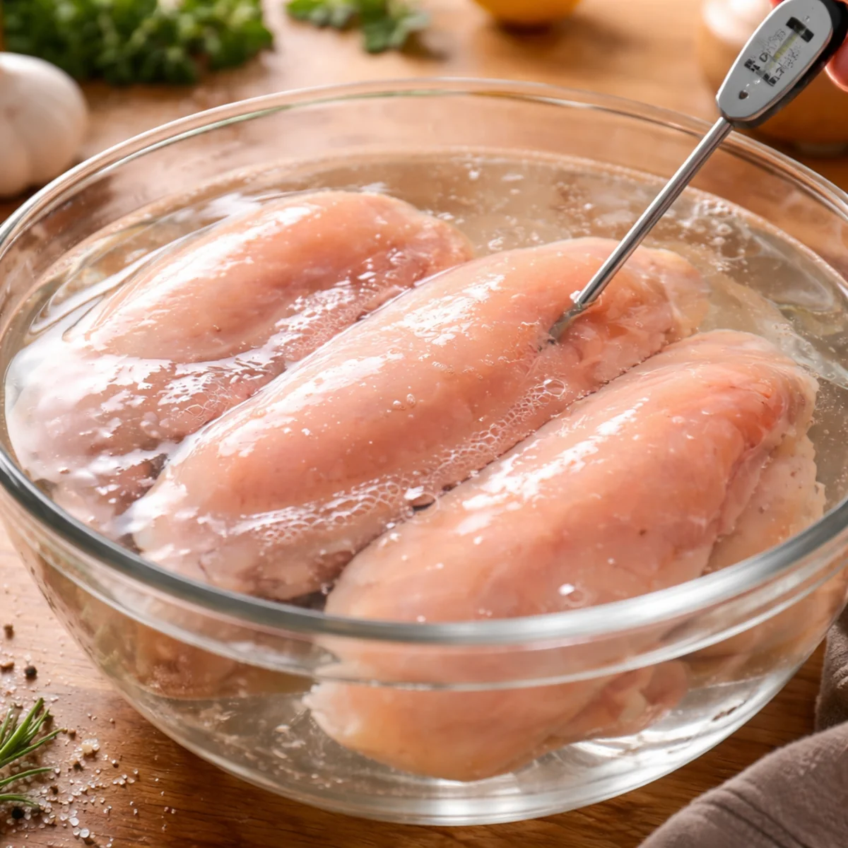 Zbliżenie na pierś z kurczaka rozmrażaną w misce z wodą