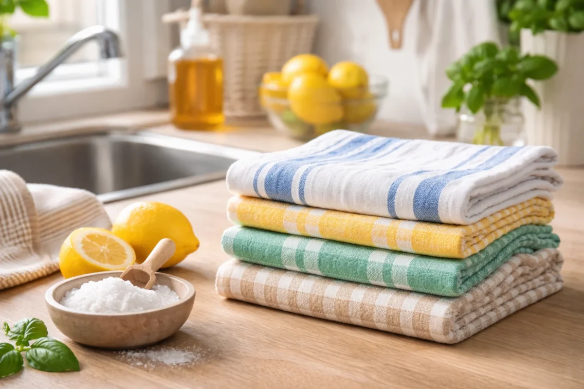 Świeże ściereczki kuchenne ułożone na blacie obok cytryny i miseczki z sodą, w jasnej kuchni przy zlewie