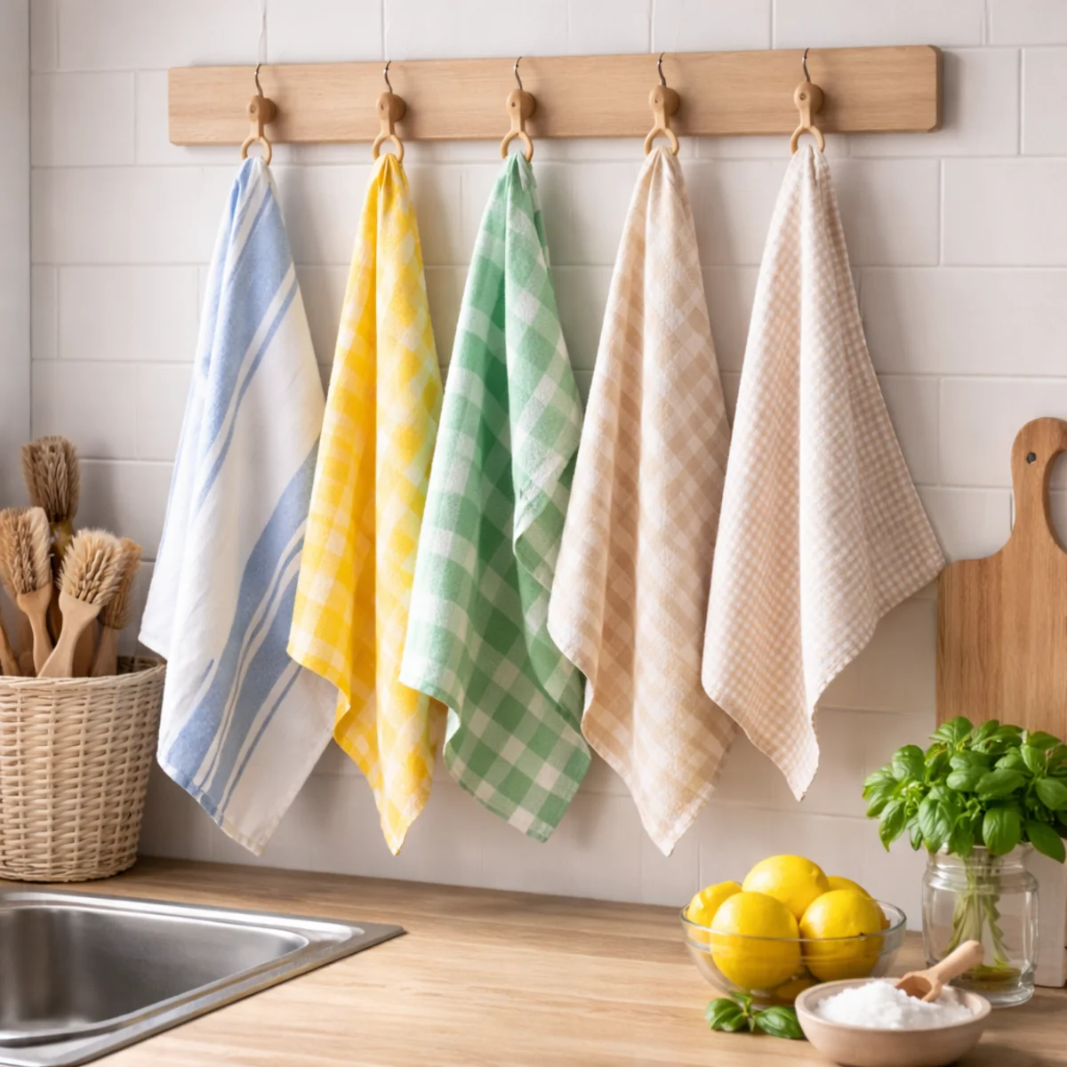 Ściereczki kuchenne wiszące na haczykach nad blatem w jasnej kuchni, obok zlewu, cytryn i bazylii