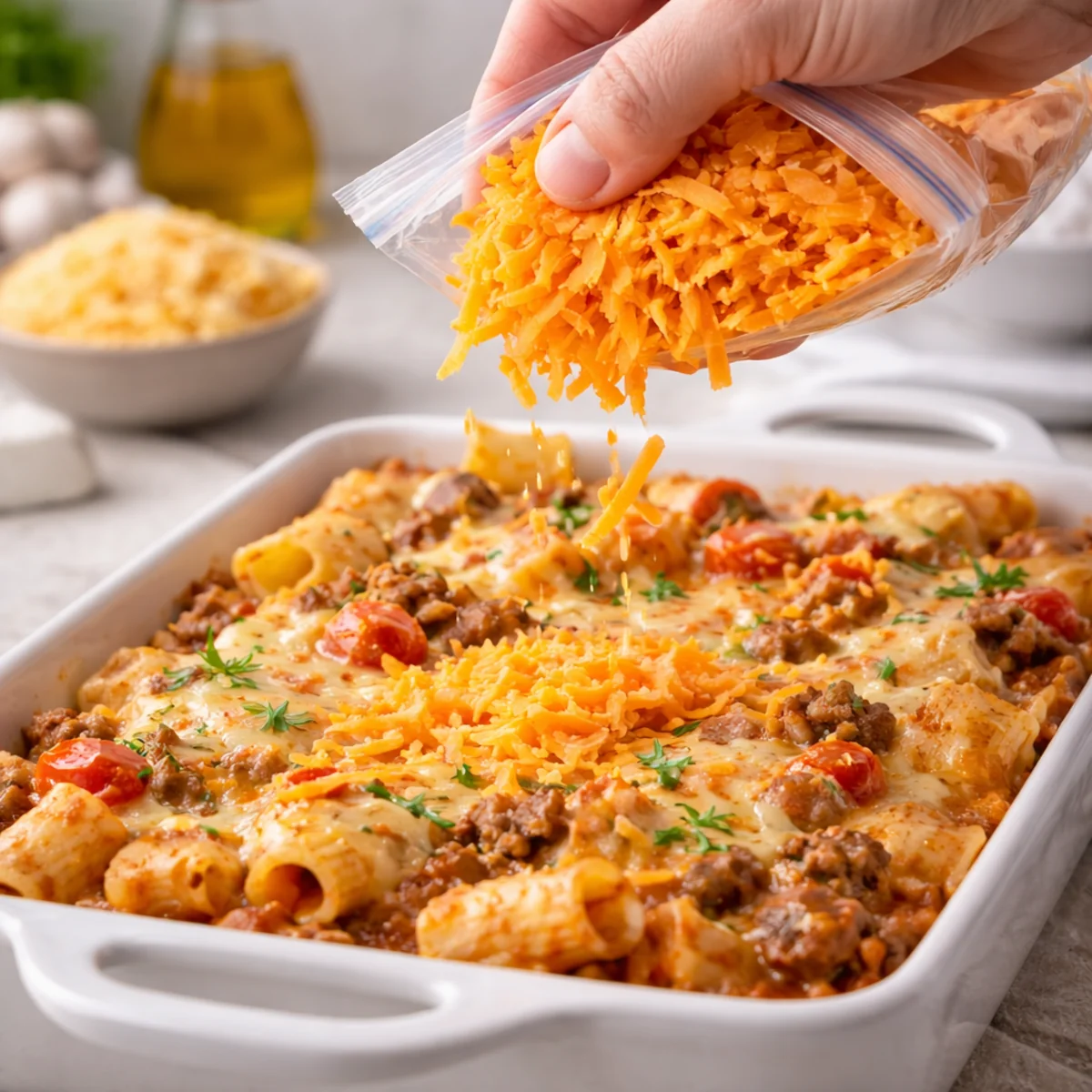 Posypywanie zapiekanki startym serem po rozmrożeniu