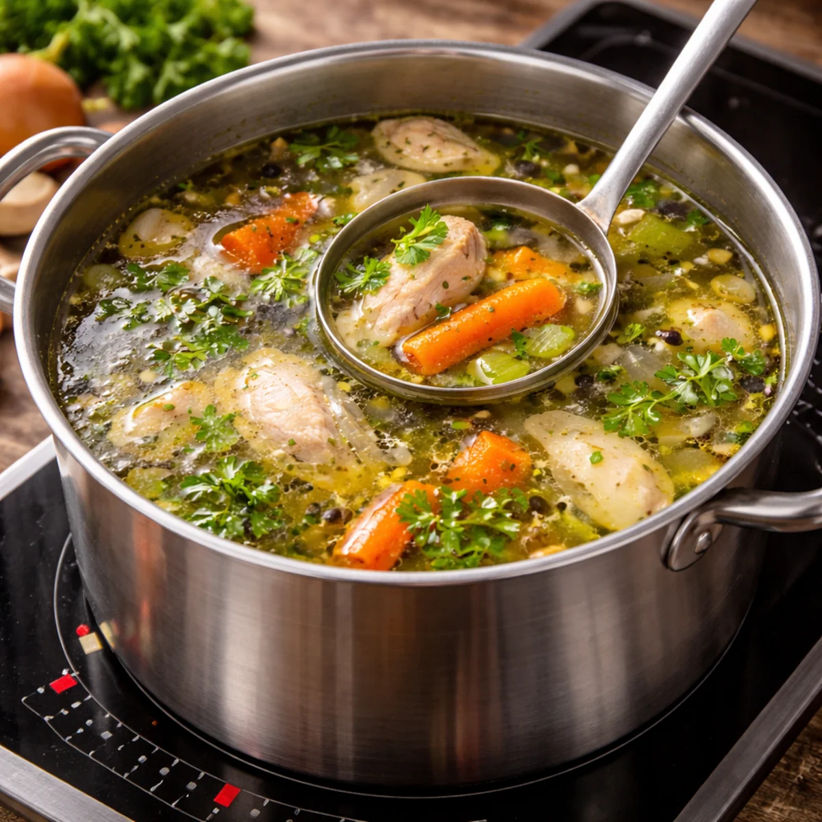 Zbliżenie na szybki domowy bulion gotujący się w garnku na płycie indukcyjnej