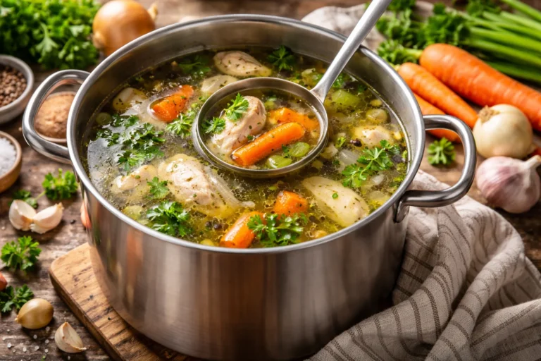 Szybki domowy bulion gotujący się w dużym garnku z warzywami i kawałkami kurczaka
