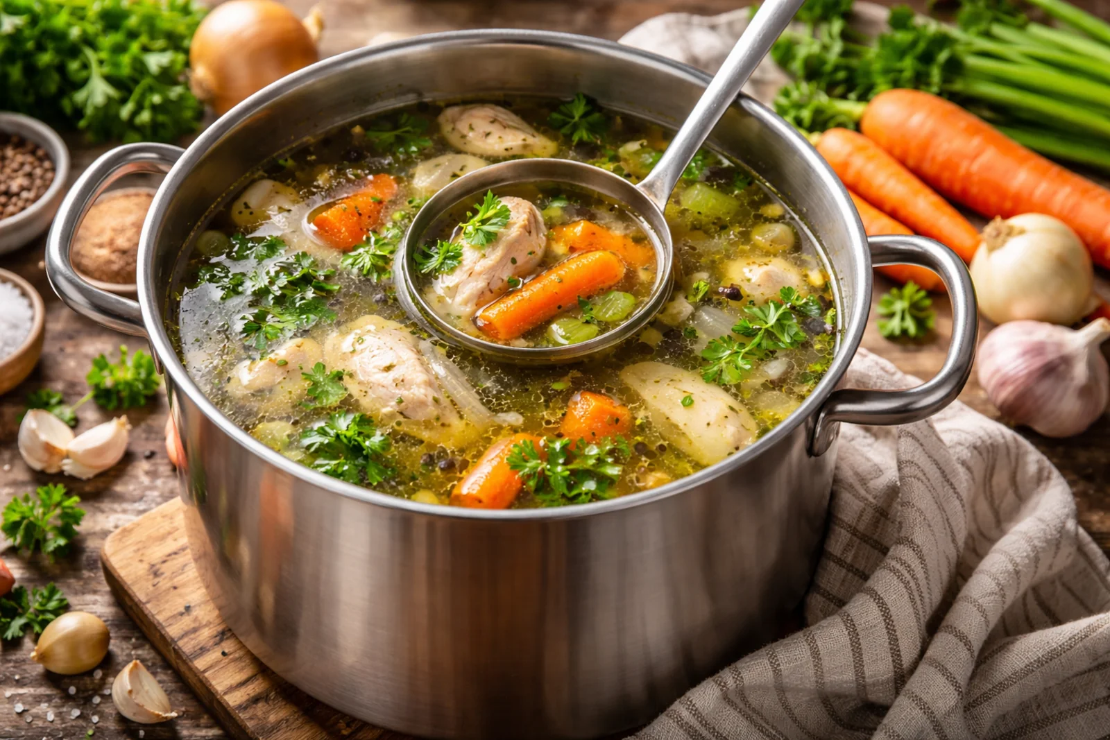 Szybki domowy bulion gotujący się w dużym garnku z warzywami i kawałkami kurczaka