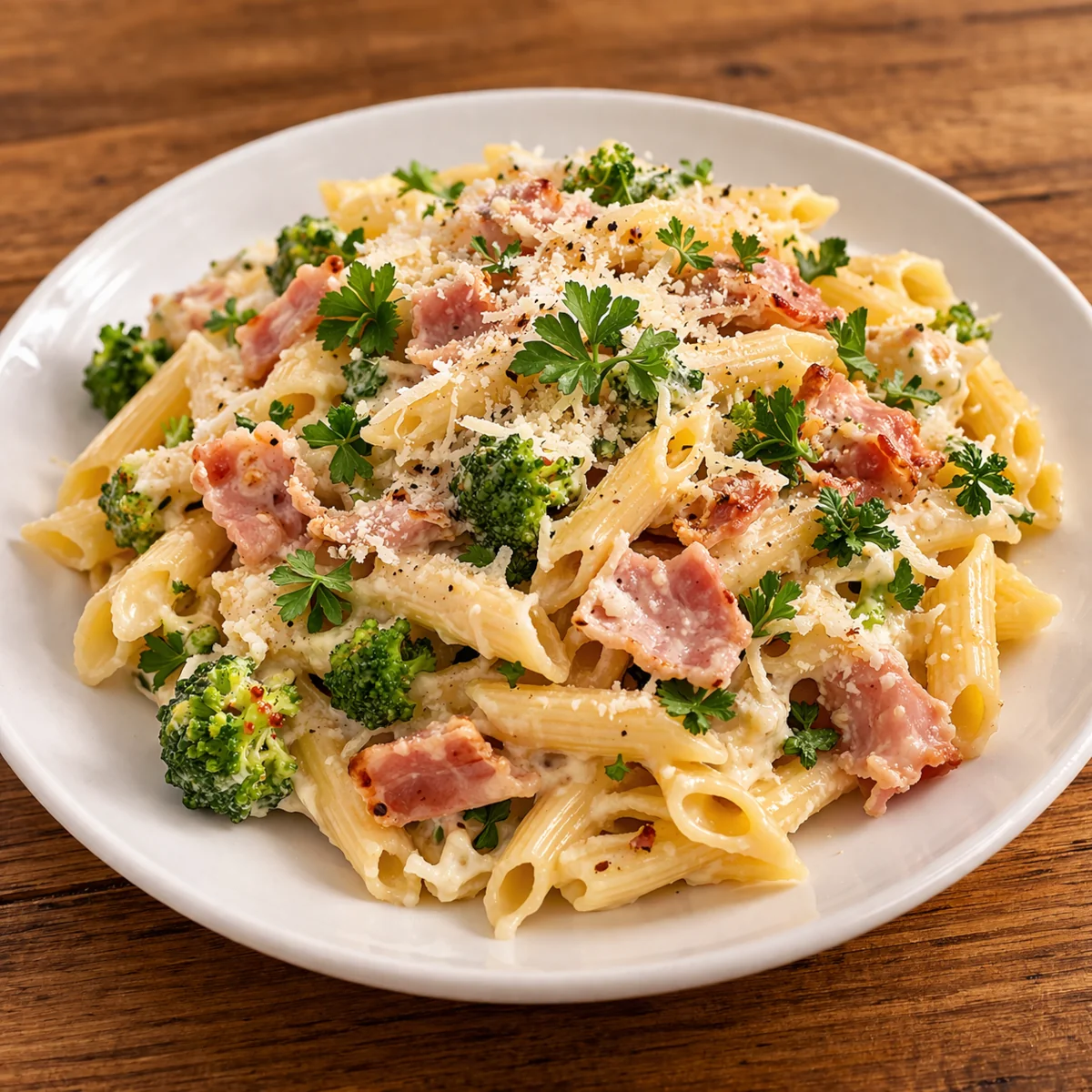 Tani obiad z makaronu penne z białą fasolą, cebulą i ziołami podany na ceramicznym talerzu