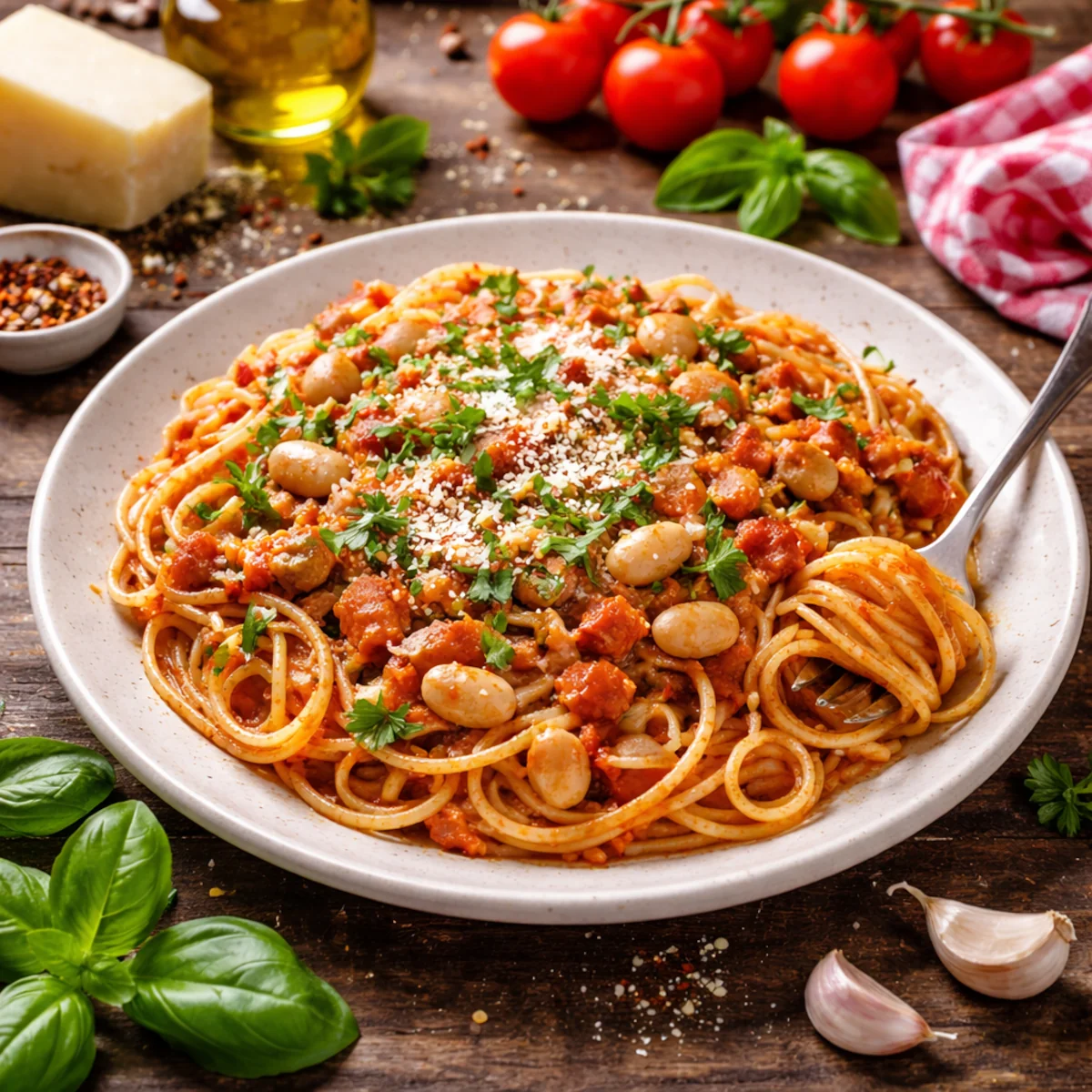 Tani obiad z makaronu spaghetti w sosie pomidorowym z białą fasolą i natką pietruszki na jasnym talerzu