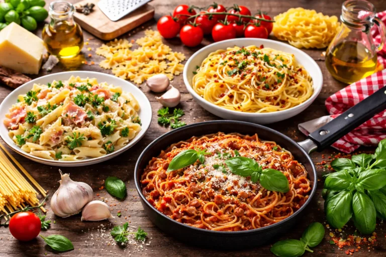 Trzy dania z makaronu na drewnianym stole – spaghetti w sosie pomidorowym, makaron z brokułami i makaron z czosnkiem