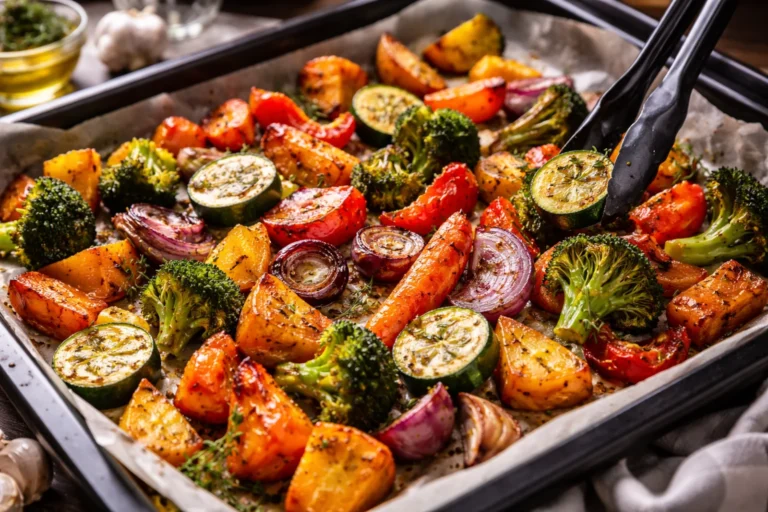 Pieczone warzywa na blasze w piekarniku zrumienione na brzegach i ułożone w jednej warstwie