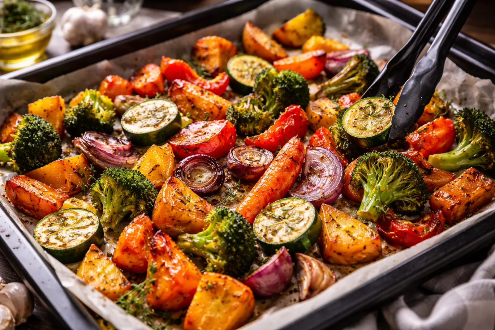 Pieczone warzywa na blasze w piekarniku zrumienione na brzegach i ułożone w jednej warstwie