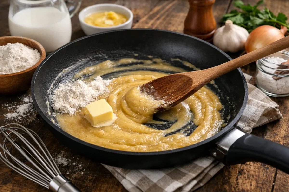 Zasmażka bez grudek przygotowywana na patelni z masłem i mąką