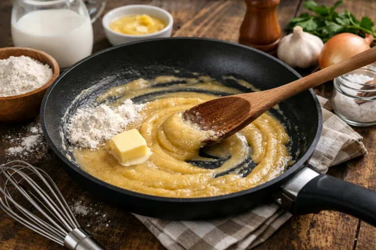Zasmażka bez grudek przygotowywana na patelni z masłem i mąką
