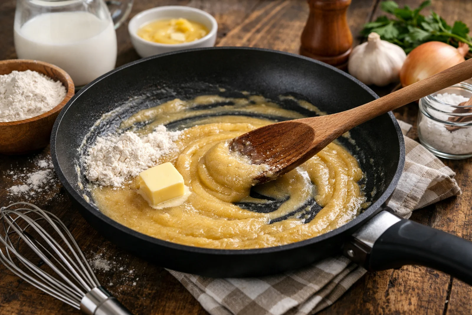 Zasmażka bez grudek przygotowywana na patelni z masłem i mąką