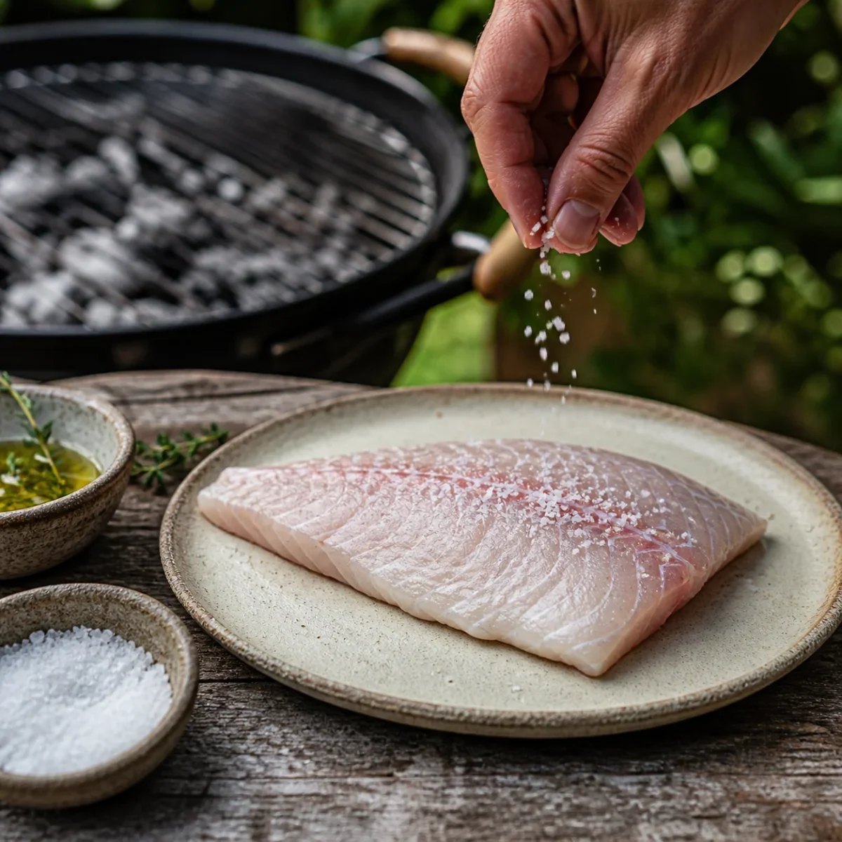 Filet z ryby posypywany solą przed położeniem na grill