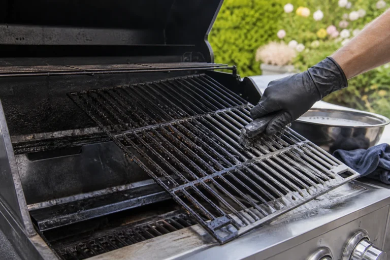 Czyszczenie brudnego rusztu grilla szczotką podczas porządkowania grilla po grillowaniu