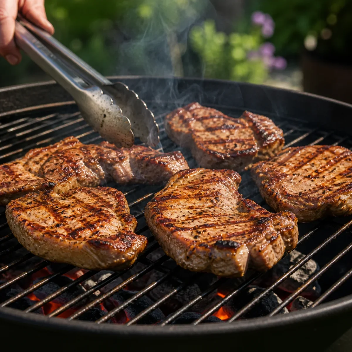 Kawałki mięsa grillowane na ruszcie nad żarem podczas pieczenia