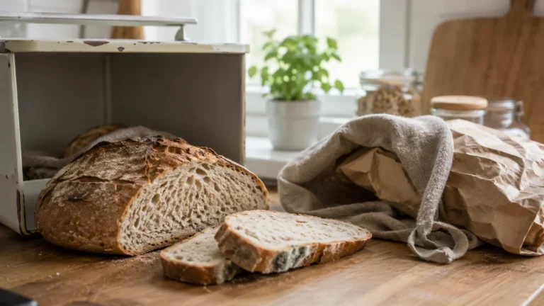 Bochenek chleba i kromki na kuchennym blacie obok chlebaka, pokazujące problem szybkiego pleśnienia pieczywa
