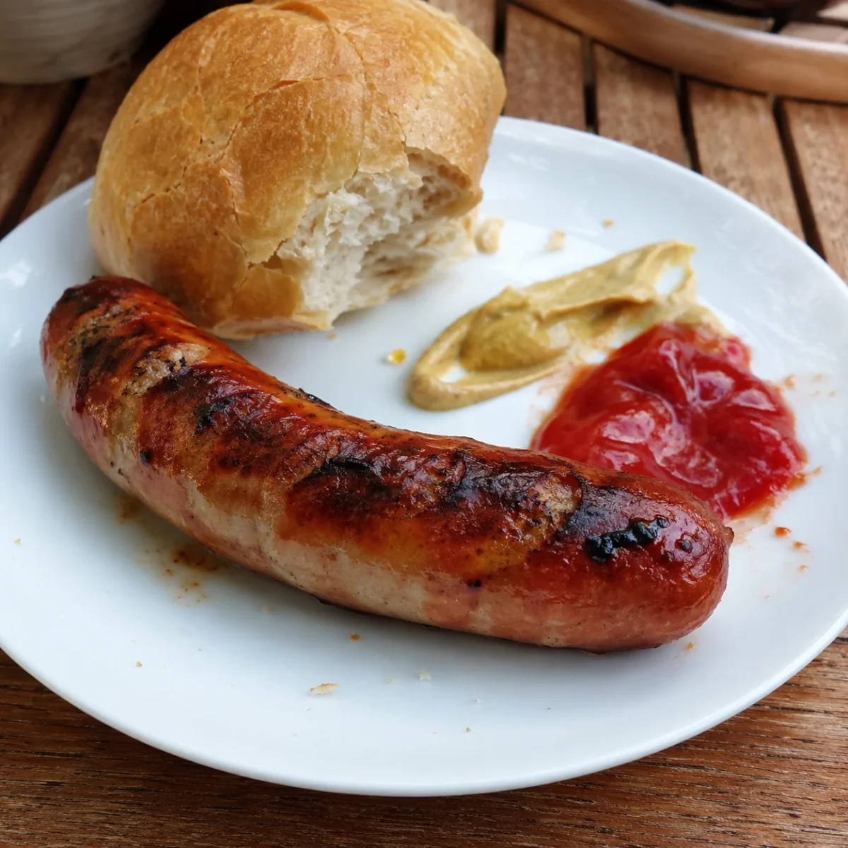 Grillowana kiełbasa podana na talerzu z bułką, ketchupem i musztardą