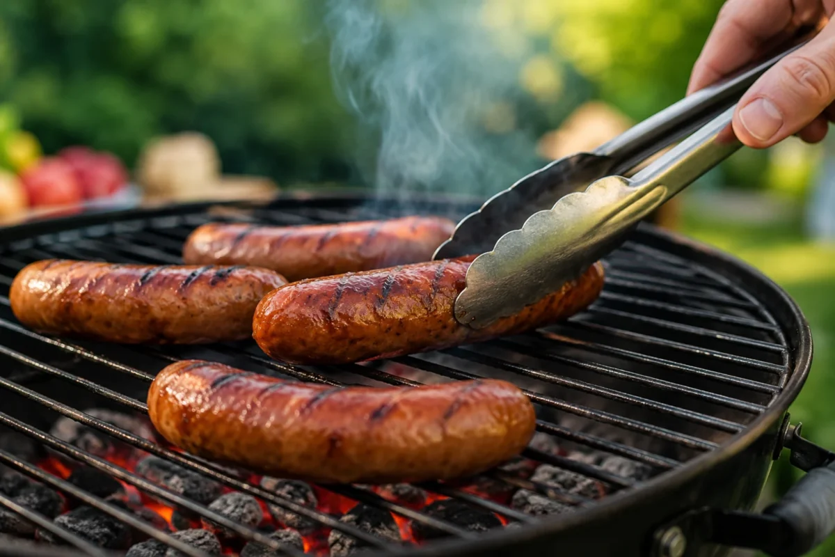 Grillowanie kiełbasy na ruszcie nad rozgrzanym węglem przy użyciu metalowych szczypiec