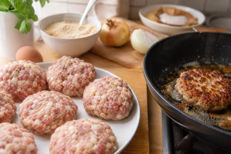 Kotlety mielone przygotowane do smażenia obok patelni z jednym rumianym kotletem