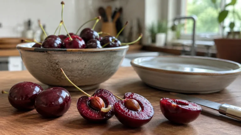Przekrojone czereśnie z widoczną jasną larwą przy pestce na kuchennym blacie