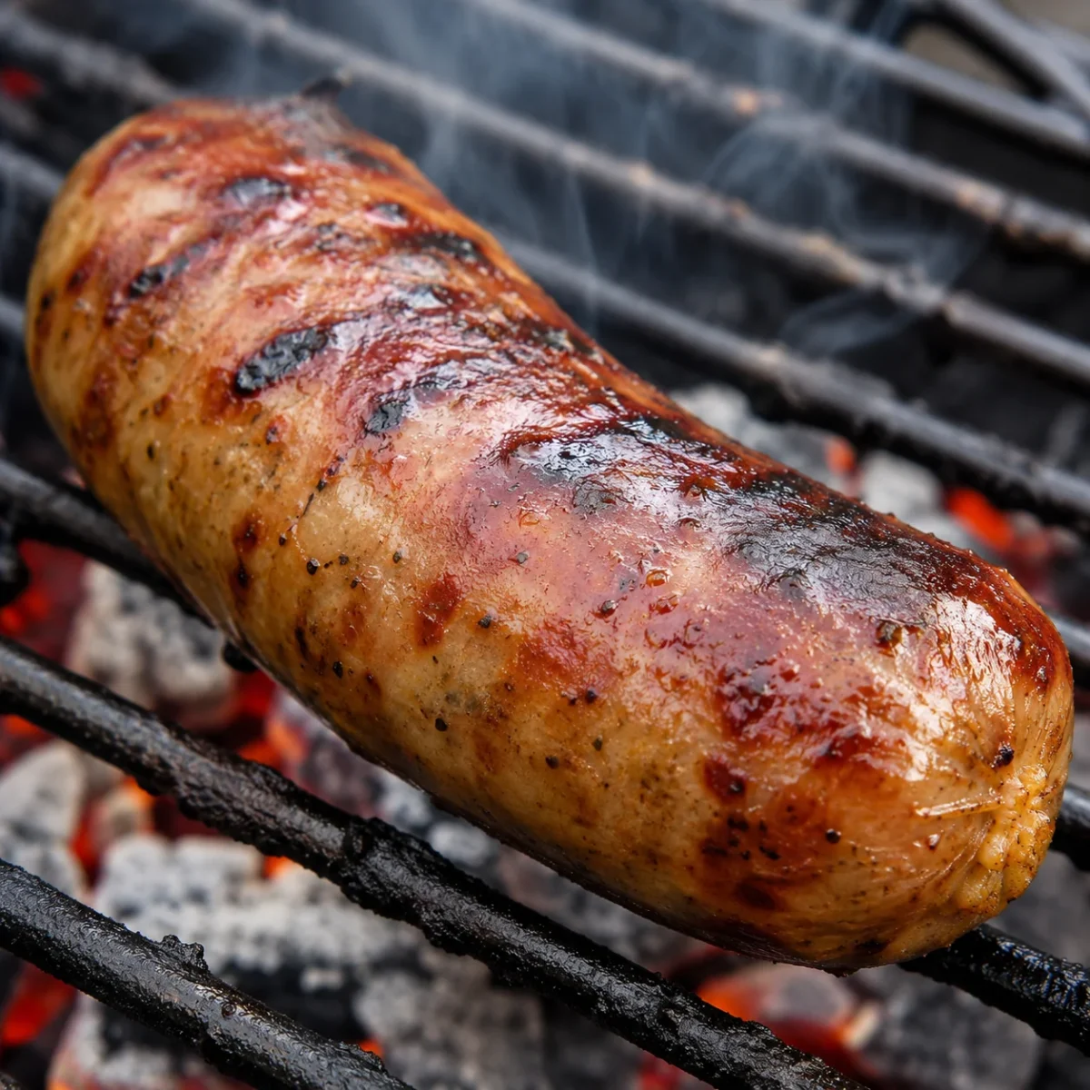 Zbliżenie na rumianą kiełbasę grillowaną na ruszcie nad żarem