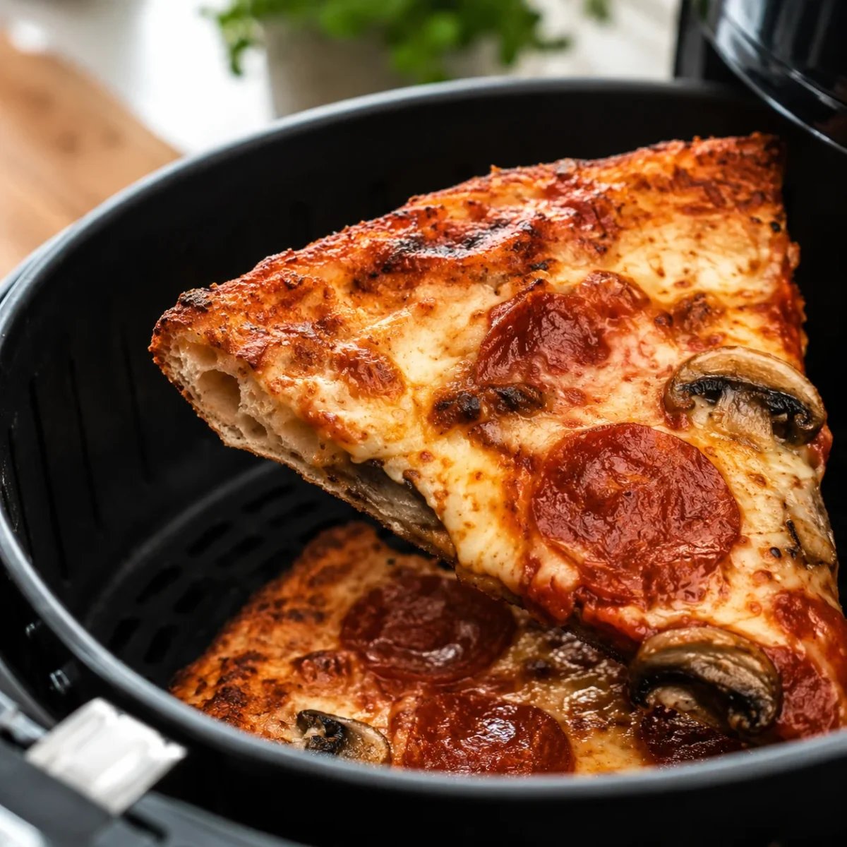Zbliżenie na chrupiącą pizzę z pepperoni i pieczarkami w airfryerze