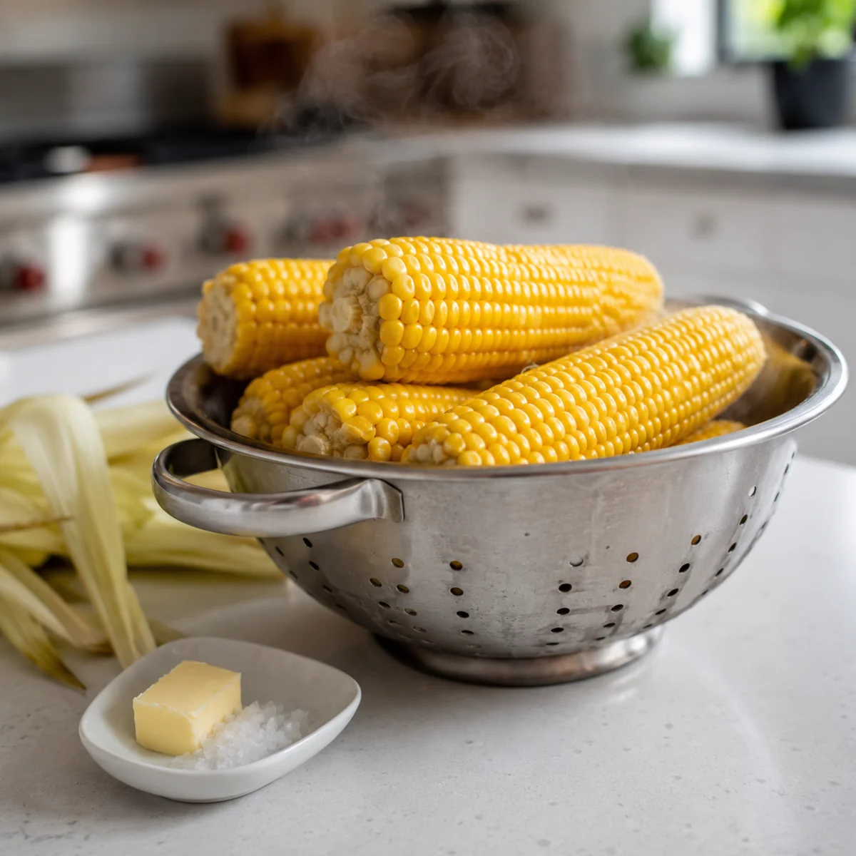 Ugotowane kolby kukurydzy cukrowej odcedzane w metalowym durszlaku