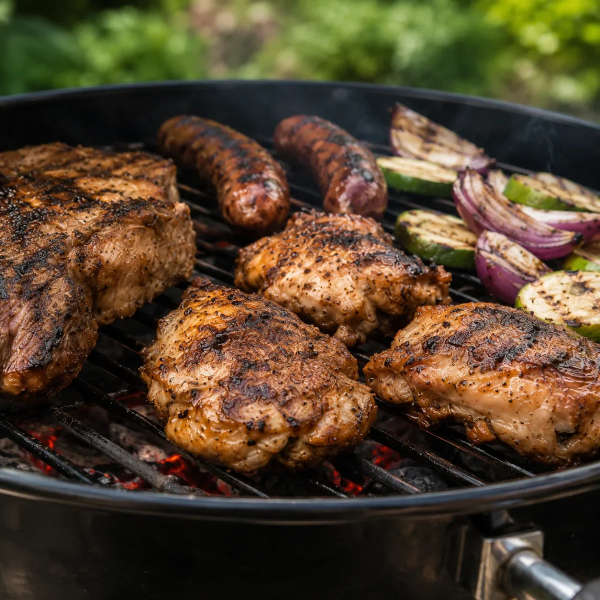 Mięso, kiełbasa, kurczak i warzywa grillowane na ruszcie bez pokrywy