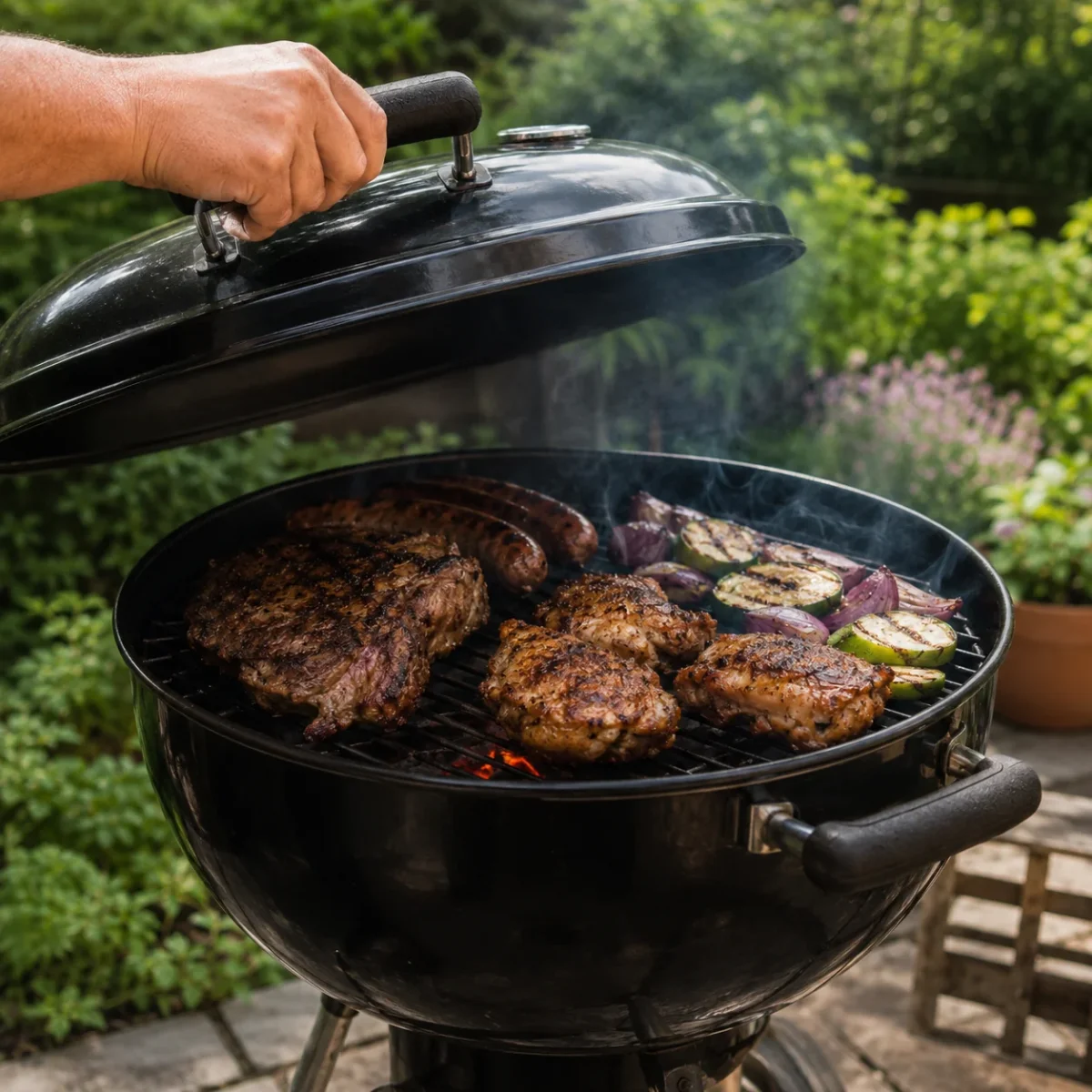 Grill węglowy z częściowo otwartą pokrywą podczas grillowania mięsa i warzyw