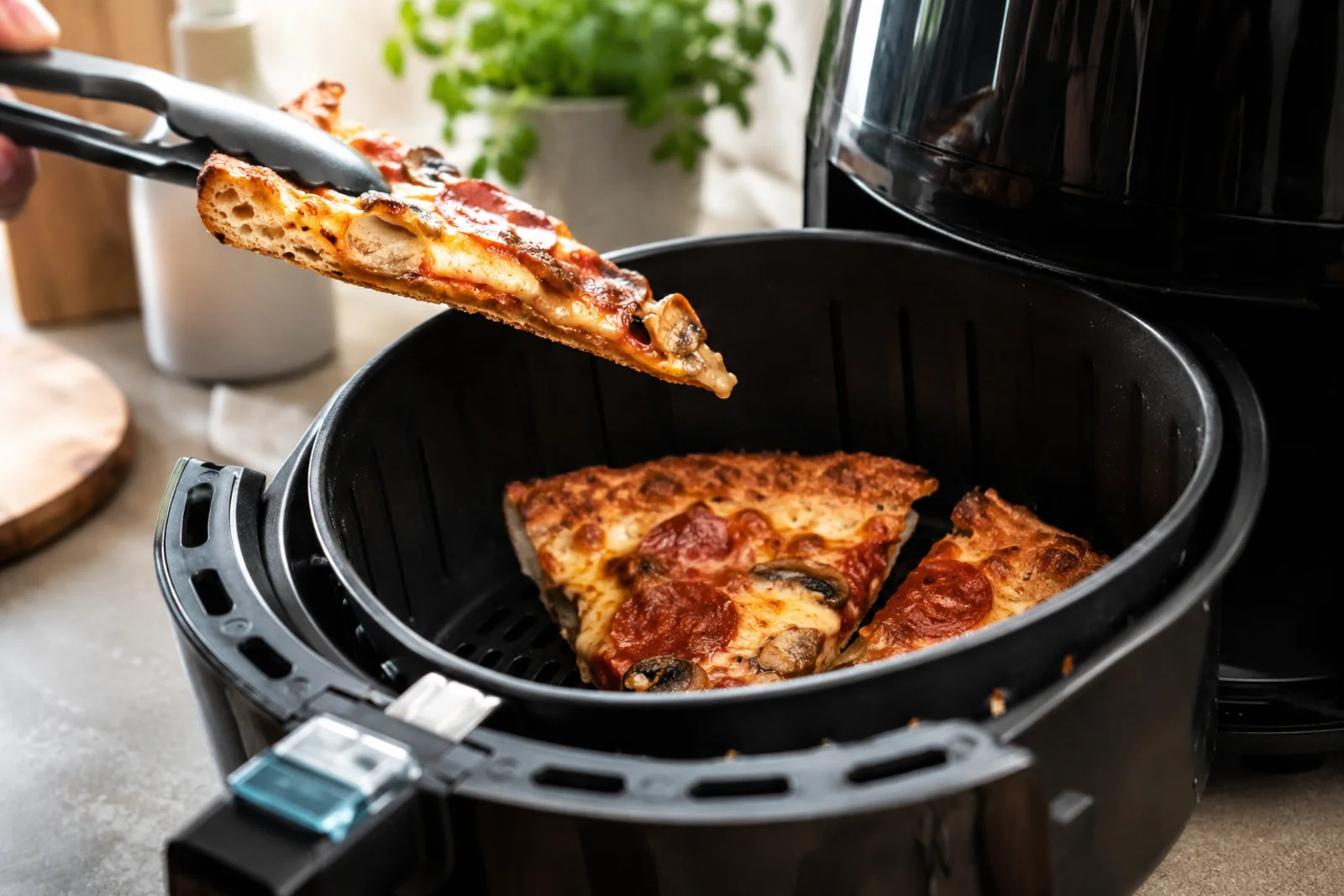 Odgrzewanie kawałków pizzy w airfryerze z wyjmowanym koszem