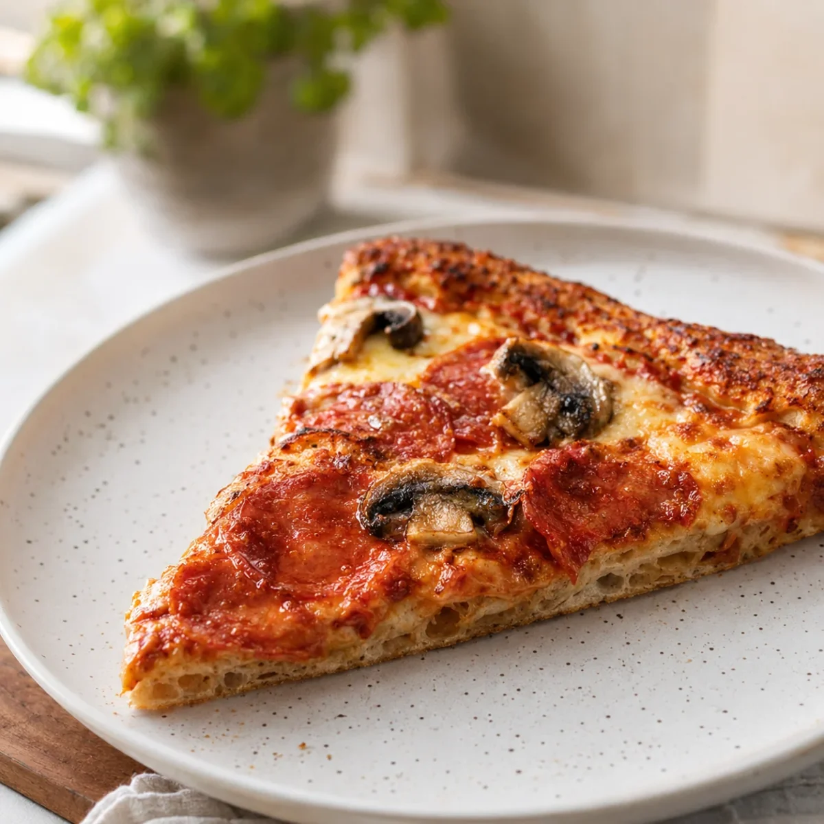 Kawałki odgrzanej pizzy z airfryera podane na ceramicznym talerzu