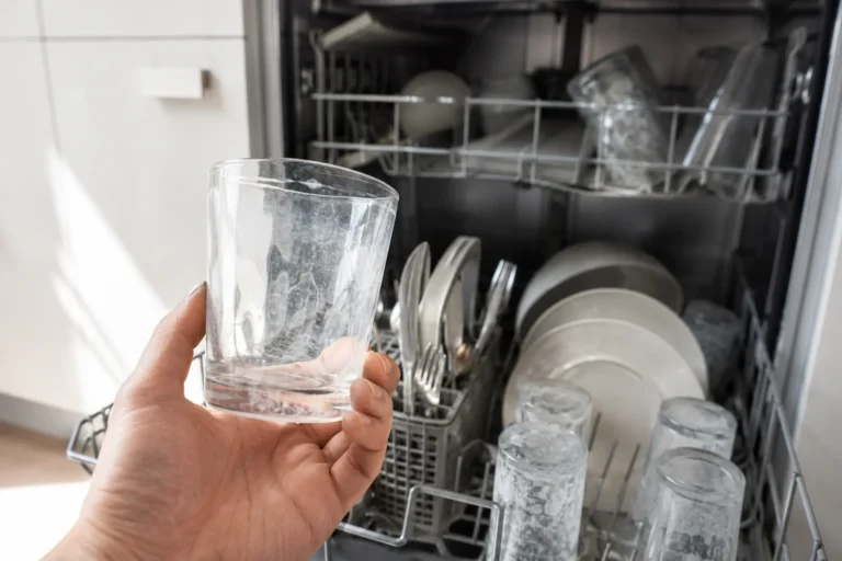 Szklanka z białym osadem trzymana przed otwartą zmywarką