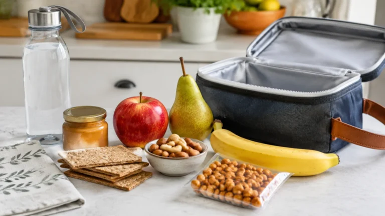 Lunch bez lodówki z pieczywem chrupkim, owocami, orzechami i masłem orzechowym