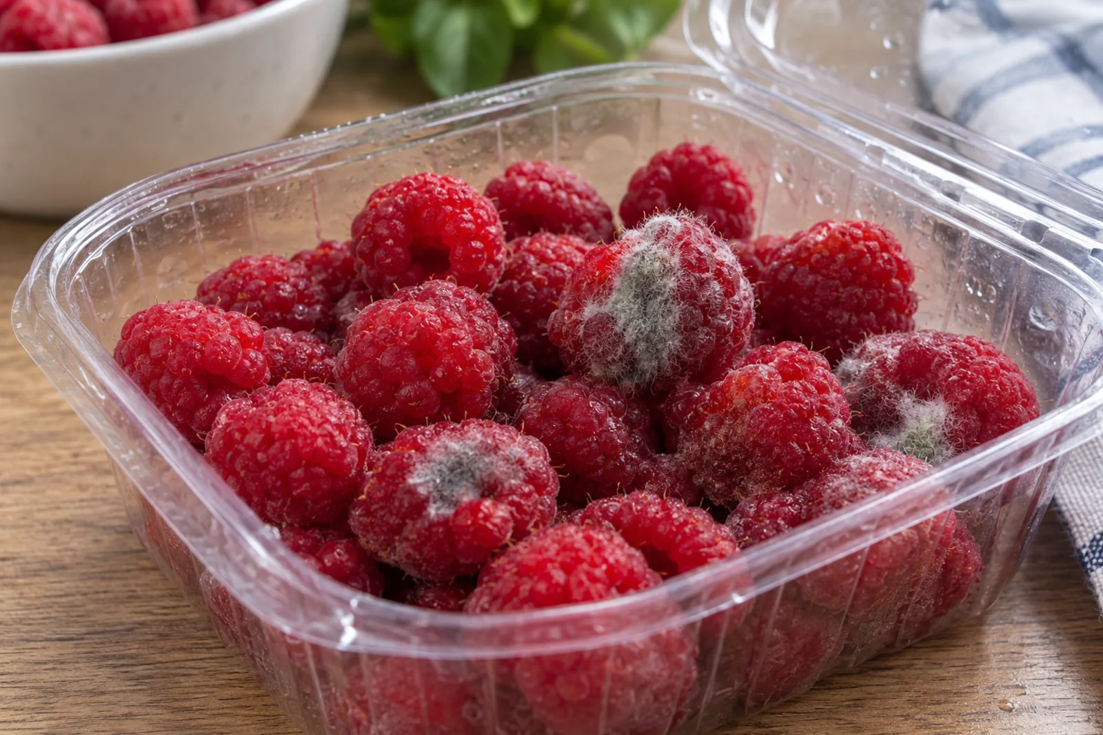 Maliny pleśnieją po jednym dniu w plastikowym opakowaniu z widocznym białym nalotem