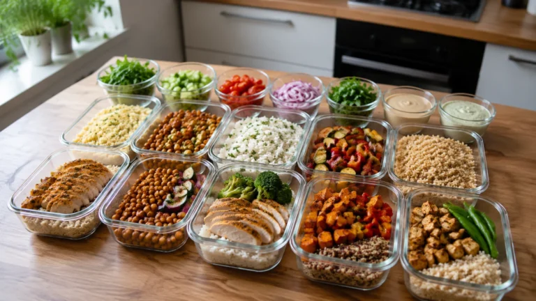 Meal prep na tydzień z kaszą, ryżem, kurczakiem, ciecierzycą i pieczonymi warzywami