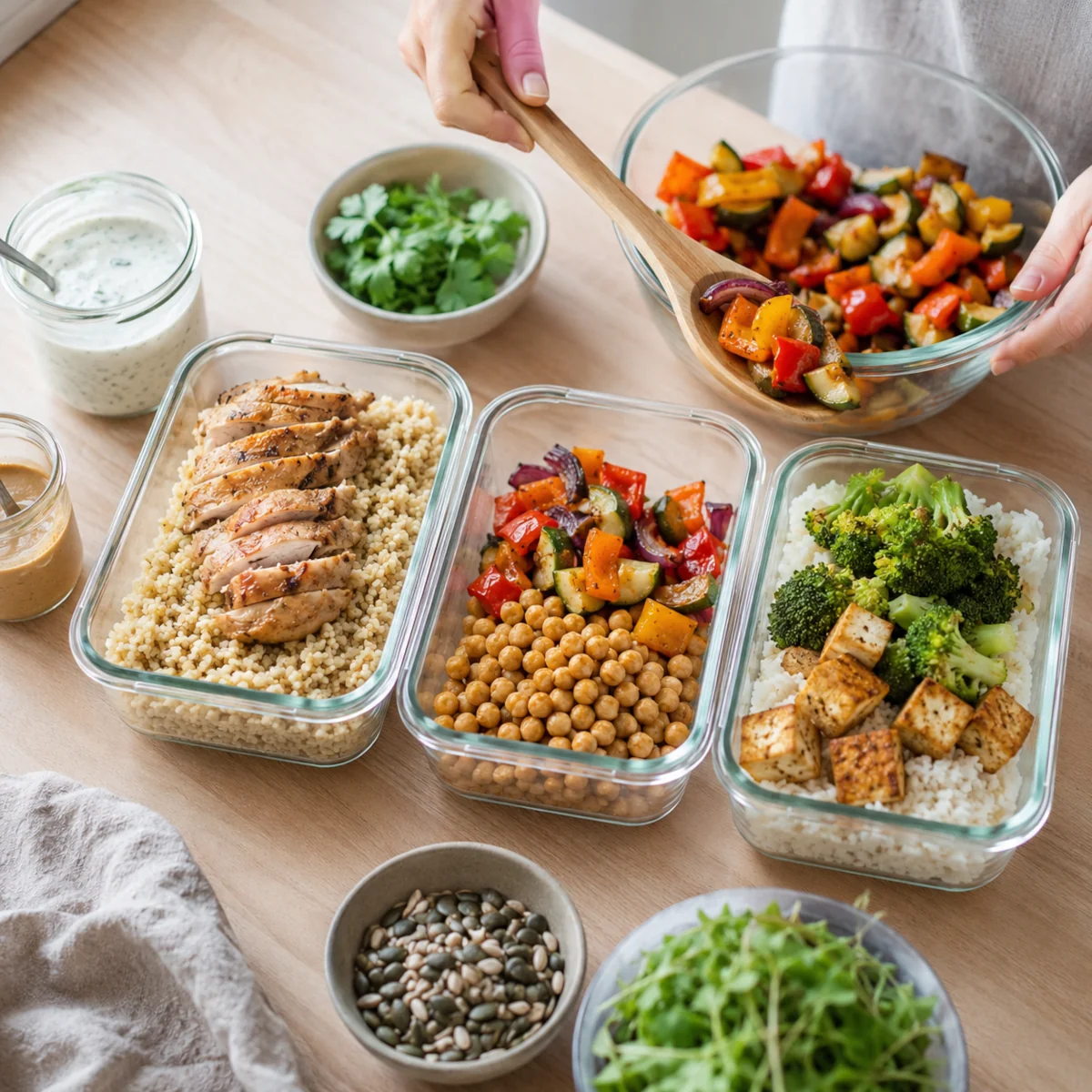 Przygotowywanie meal prepu na tydzień z kaszą, kurczakiem, ciecierzycą, tofu i warzywami