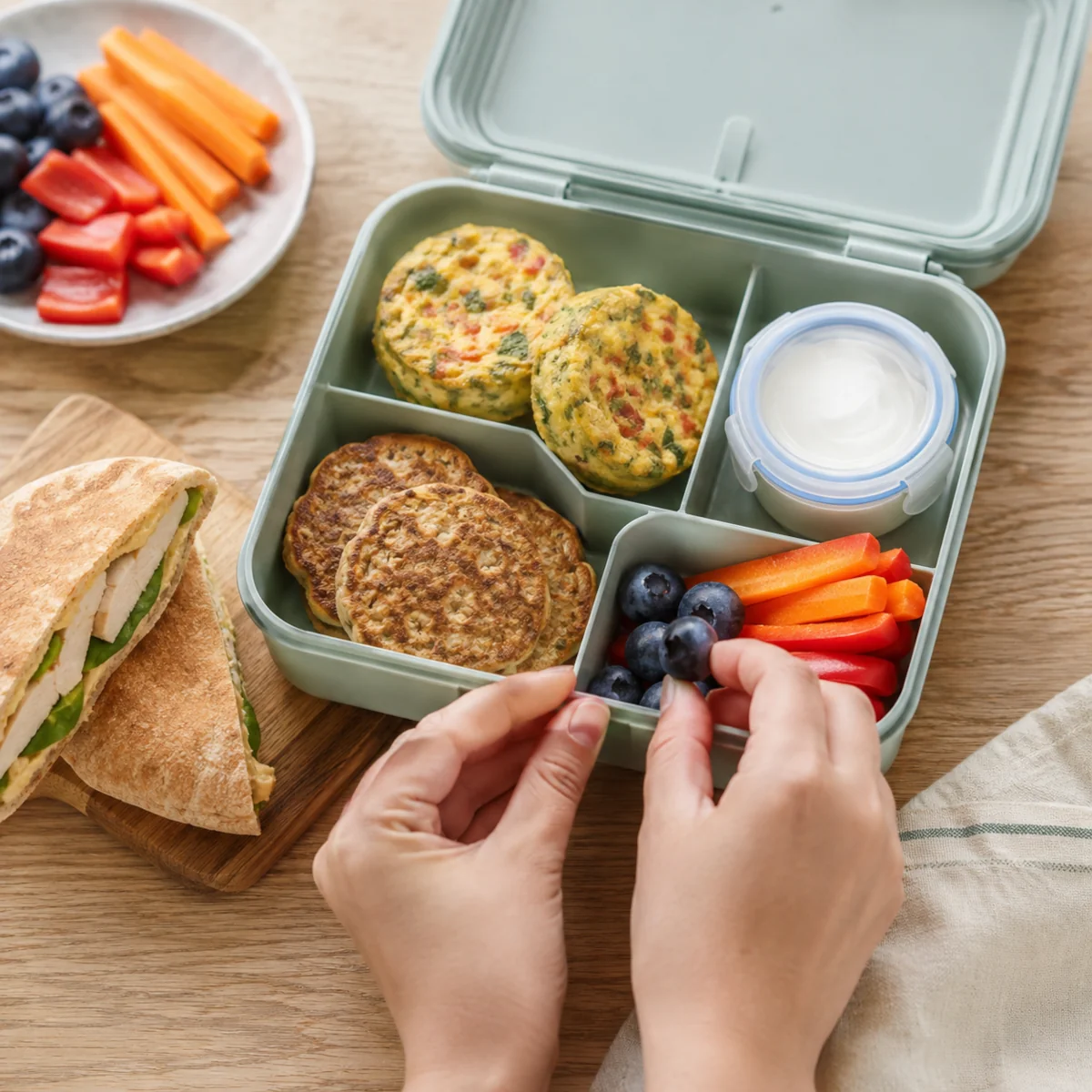 Lunchbox z muffinkami jajecznymi, placuszkami, warzywami i owocami zamiast słodkiej bułki