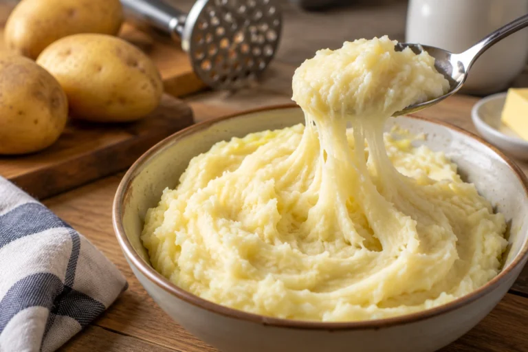 Kleiste puree ziemniaczane ciągnące się za łyżką nad ceramiczną miską.