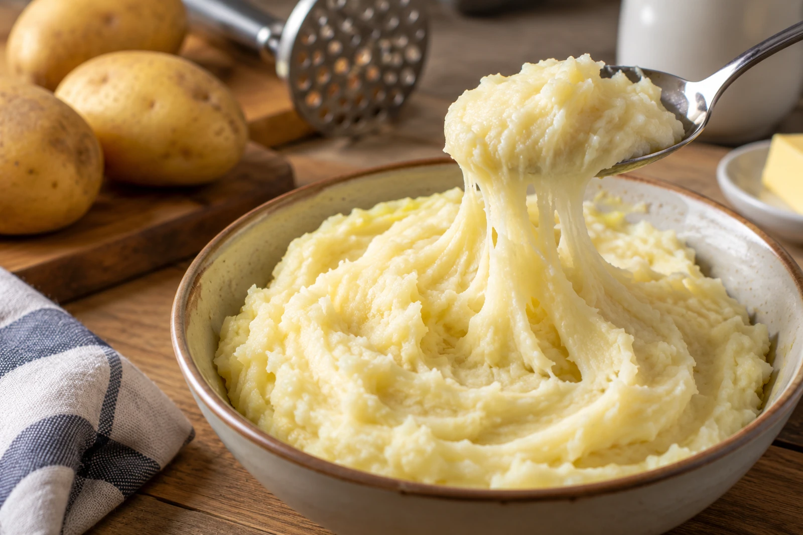 Kleiste puree ziemniaczane ciągnące się za łyżką nad ceramiczną miską.