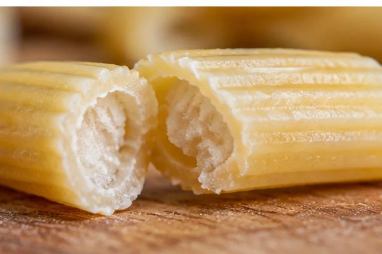 Przełamany makaron penne z widocznym jasnym, niedogotowanym środkiem